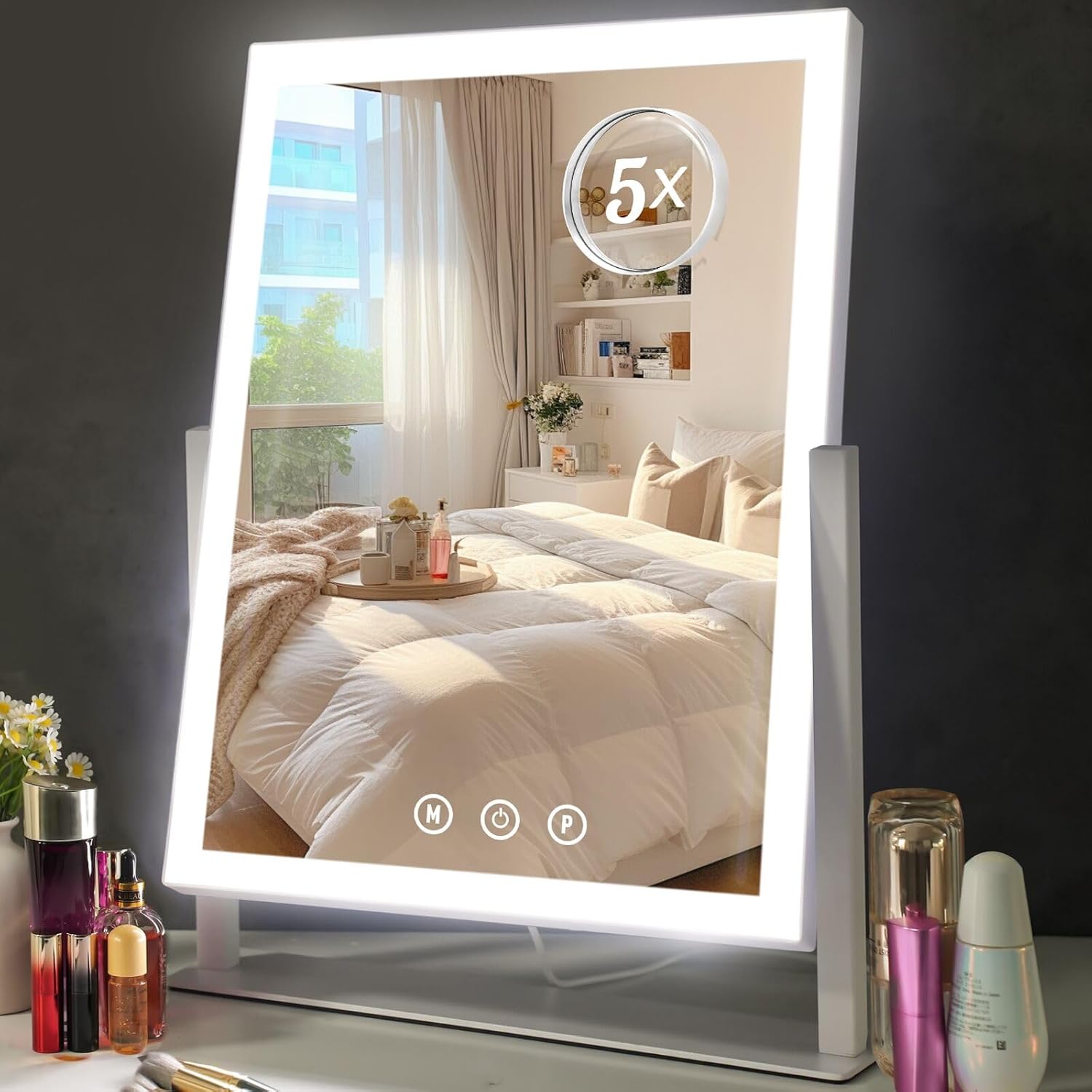 Lighted Makeup Mirror with 5X Magnification and 360 Rotation