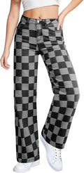 Sidefeel Wide Leg Checkered Jeans High Waisted - Comfortable Shape