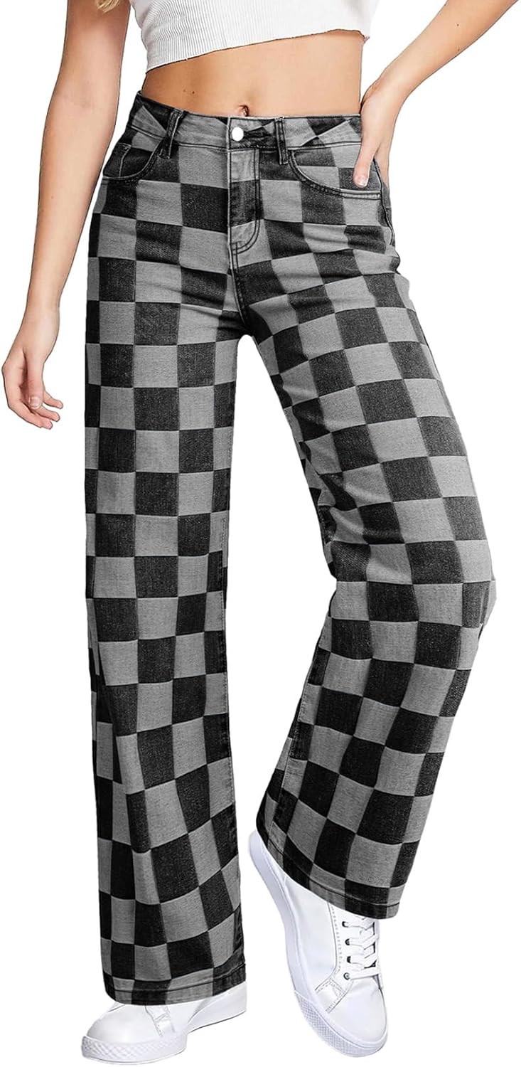 Wide Leg Jeans for Women - High Waisted Stretchy Checkered Denim