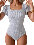 Tummy Control One Piece Swimsuit Ruffle Square Neck - Slimming Fit any