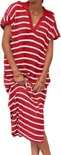 Womens Striped Summer Maxi Dress V Neck Slit - Casual Travel Staple