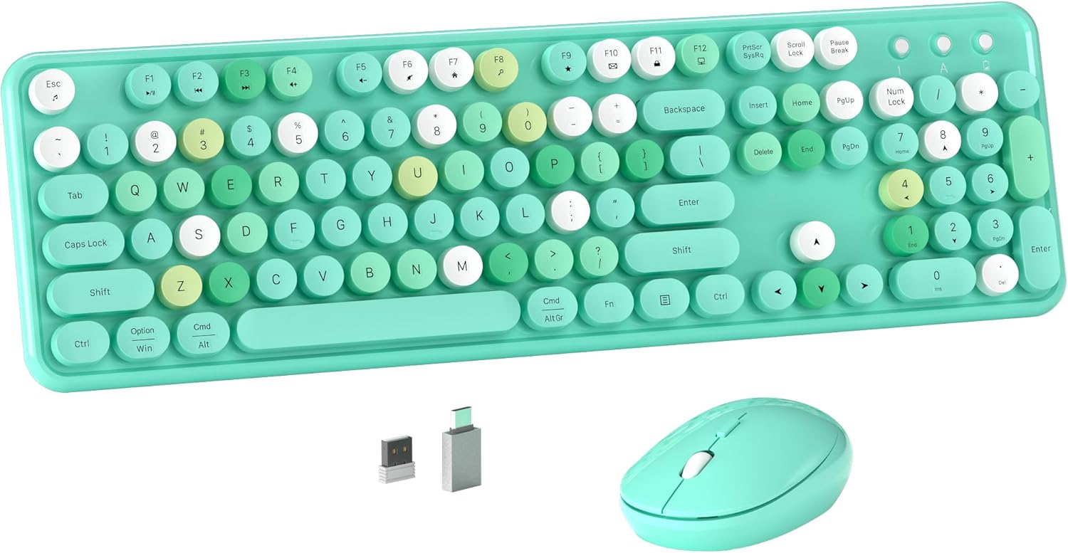 Retro Wireless Keyboard & Mouse Set, Round Keycaps, Ergonomic Design