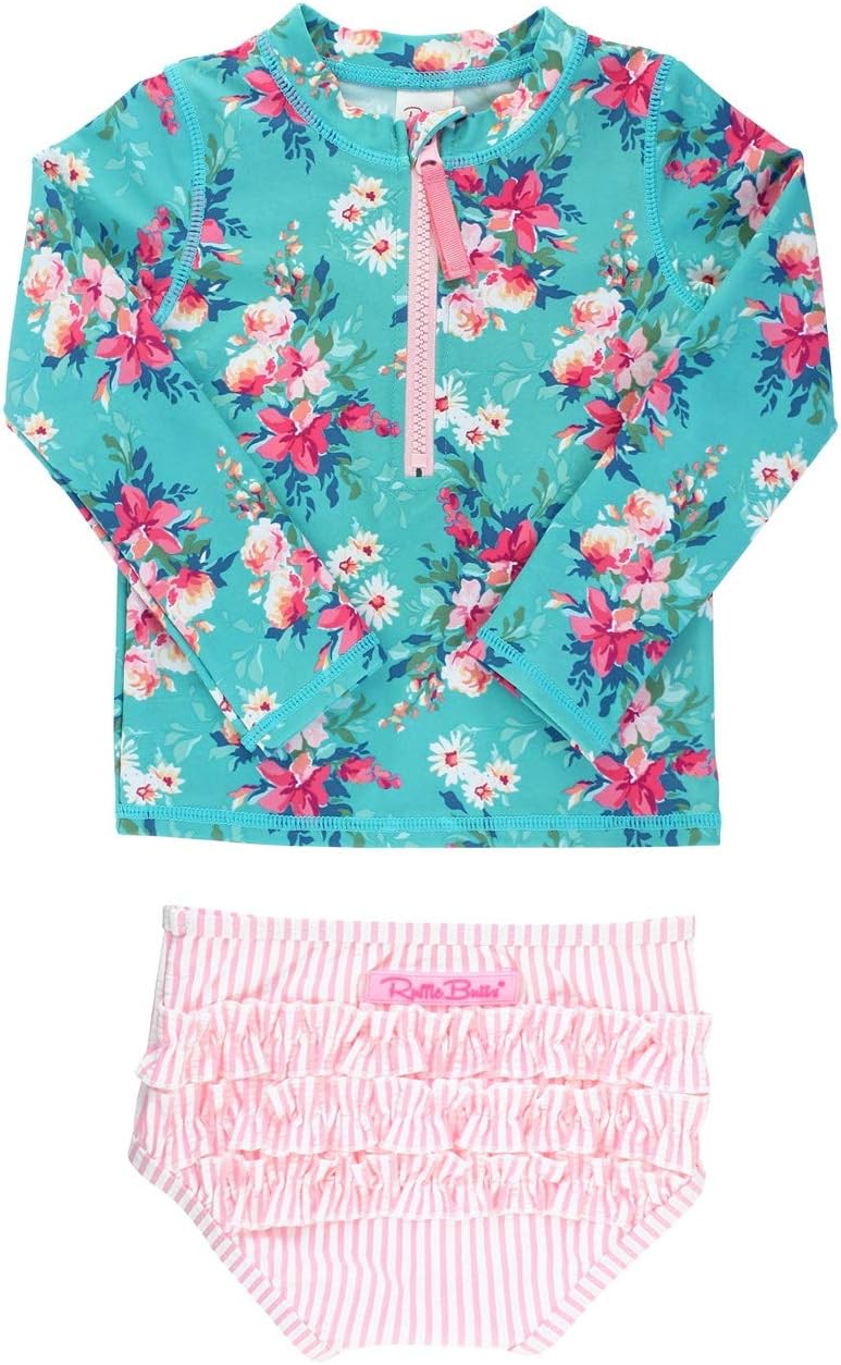 RuffleButts Baby Girls Long Sleeve Rash Guard Swimsuit Set