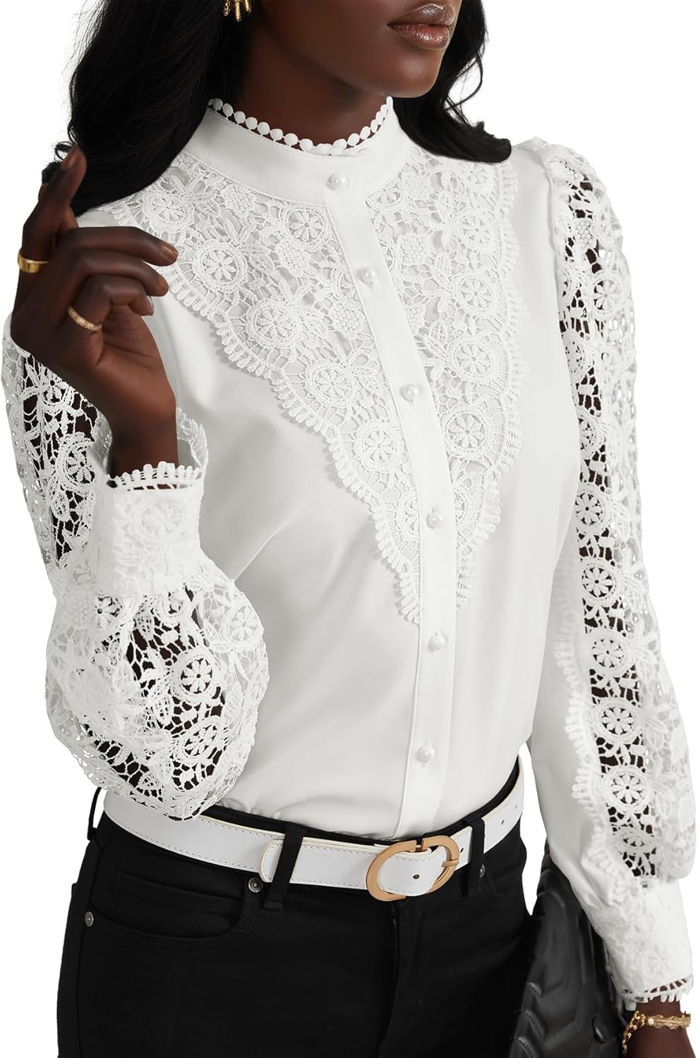 Elegant Rooscier Women's Lace Crochet Mock Neck Blouse Top