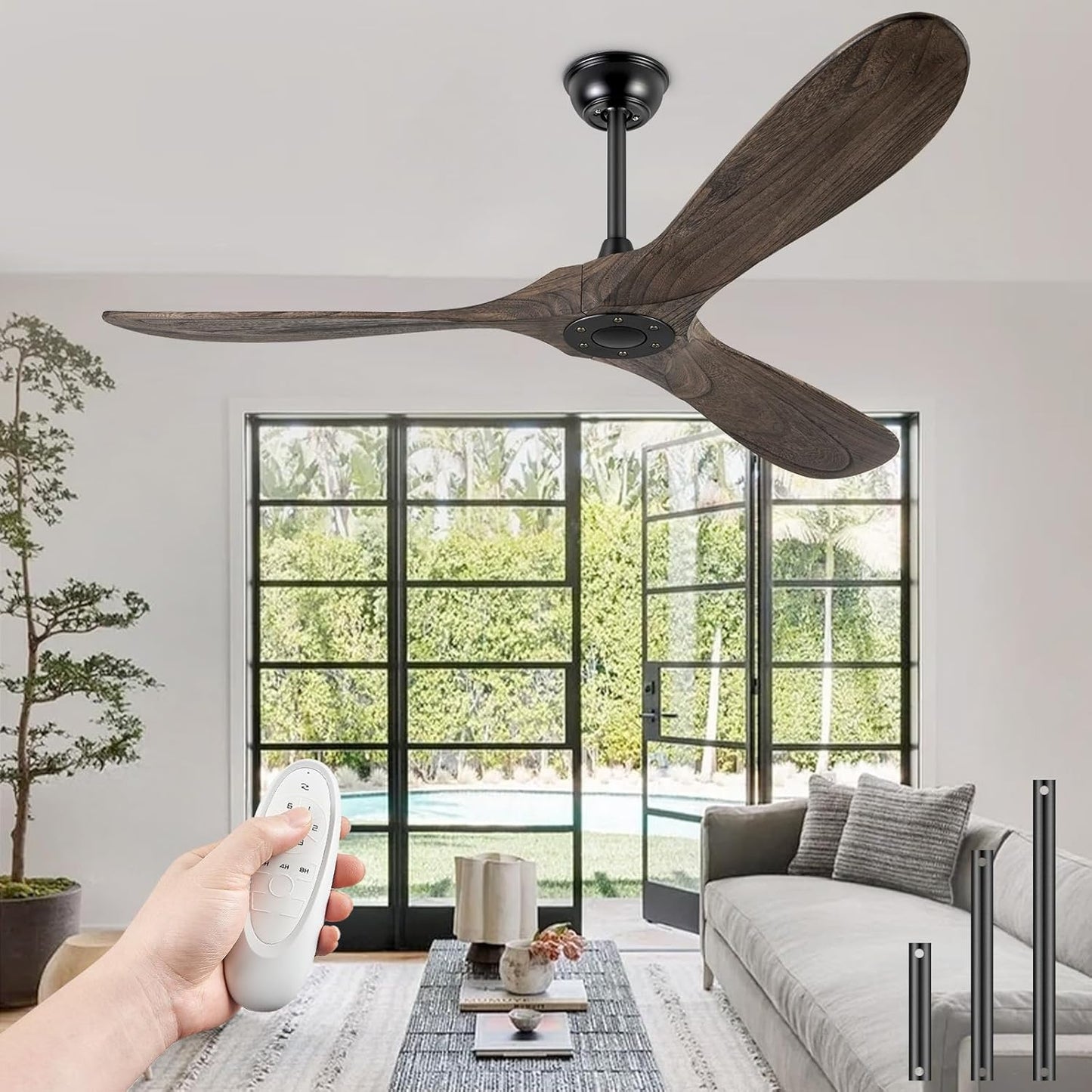 72in Solid Wood Ceiling Fan with Remote Control for Indoor Outdoor
