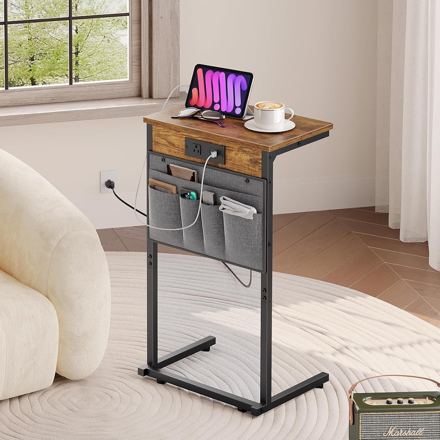 Compact C-Shape End Table with Charging - Rustic Brown