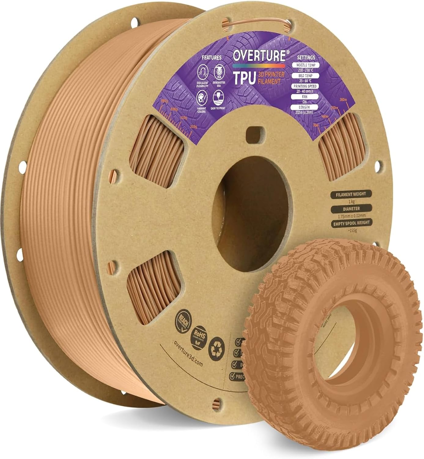OVERTURE TPU Filament 1.75mm Flexible Roll for 3D Printing