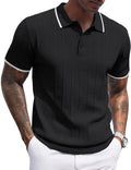 Mens Knit Polo Shirt Slim Fit Ribbed Short Sleeve - Lightweight