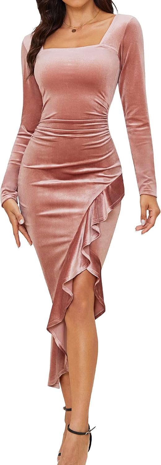 Elegant Velvet Dress for Women, Sexy Long Sleeve Bodycon Style