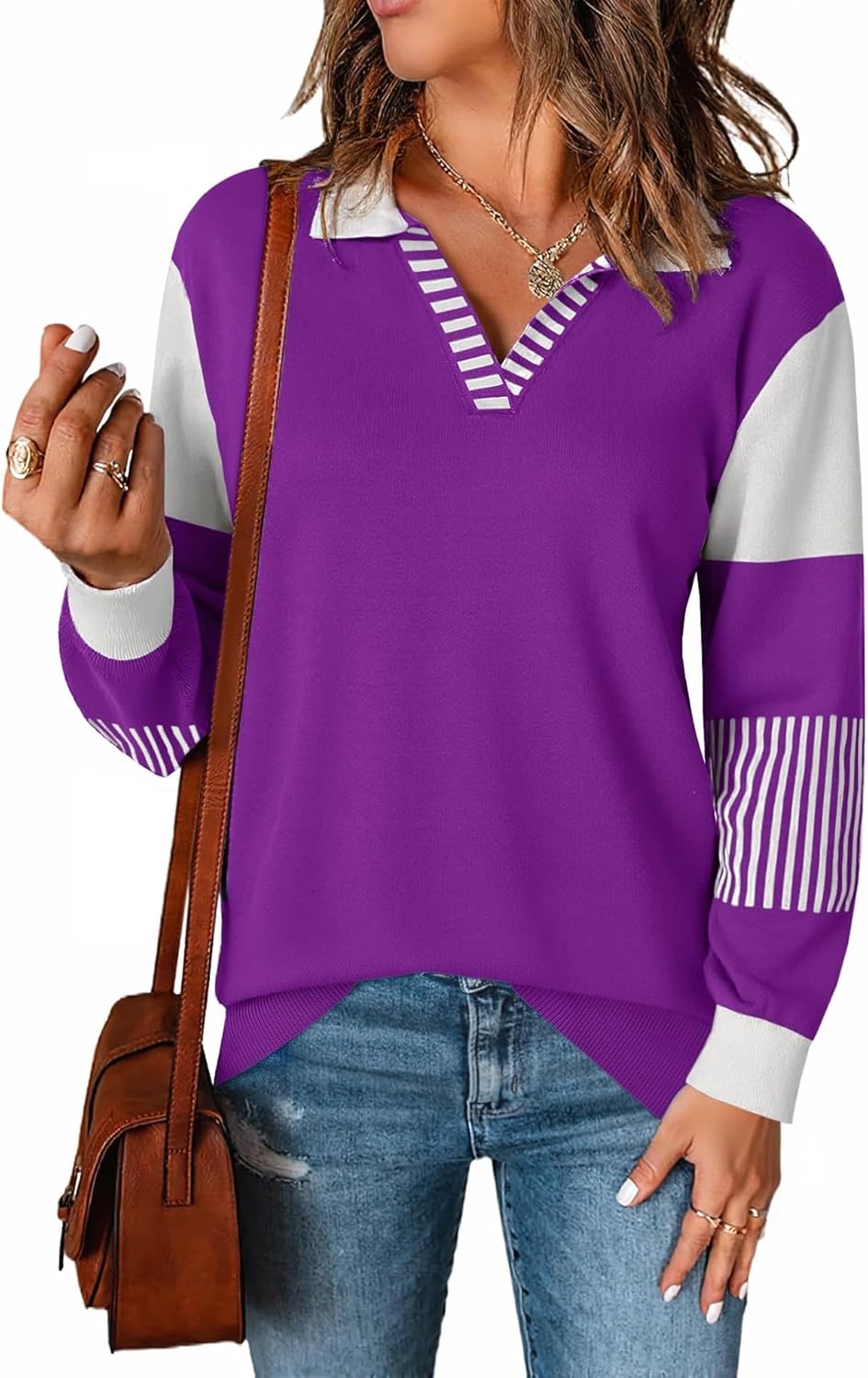 LOMON V Neck Long Sleeve Loose Sweaters for Stylish Comfort