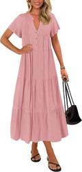 Summer Maxi Dresses for Women 2025 - Pleated Button V Neck Maxi