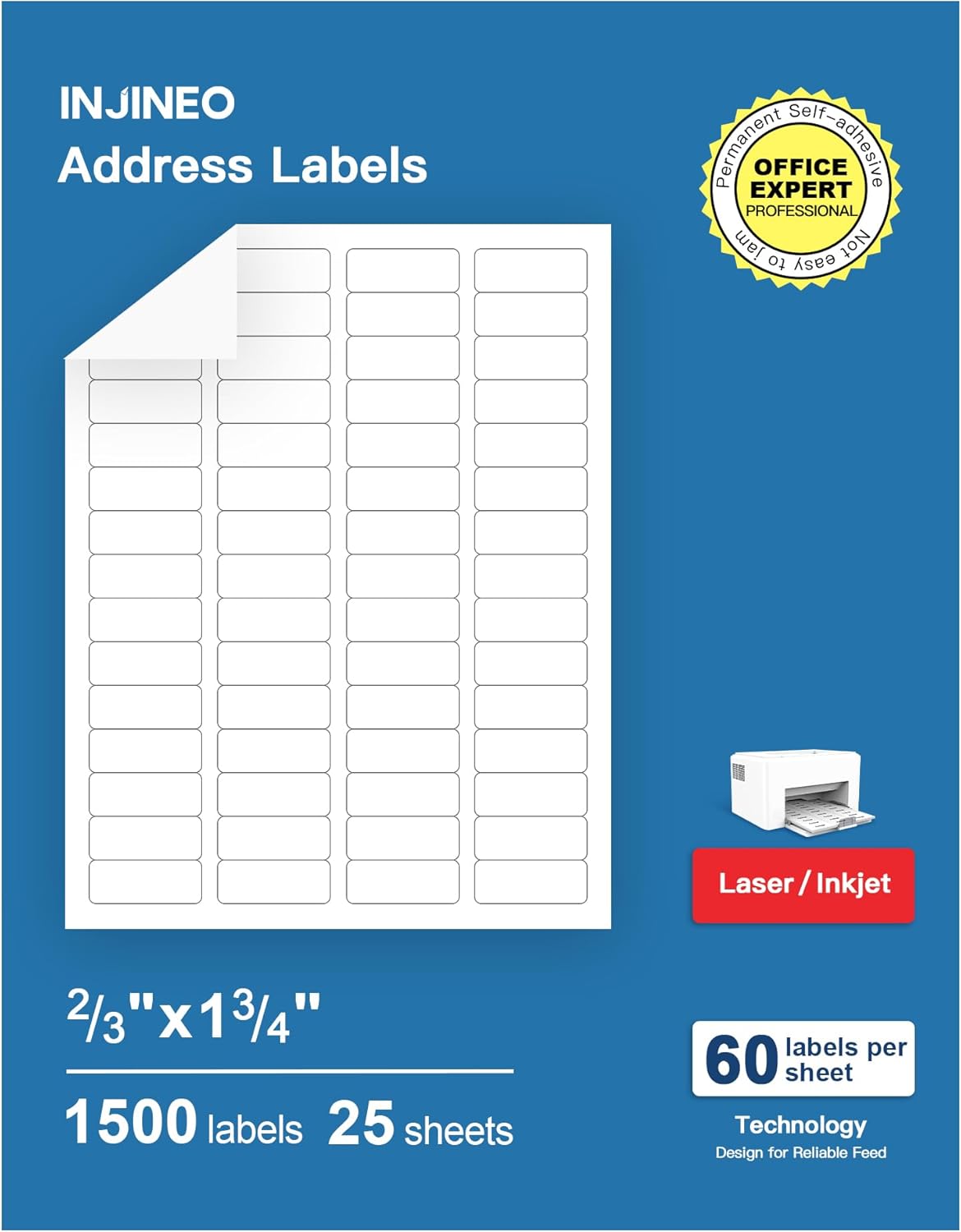 INJINEO Address Labels 2/3x1-3/4 | Easy Peel | 1500 Labels