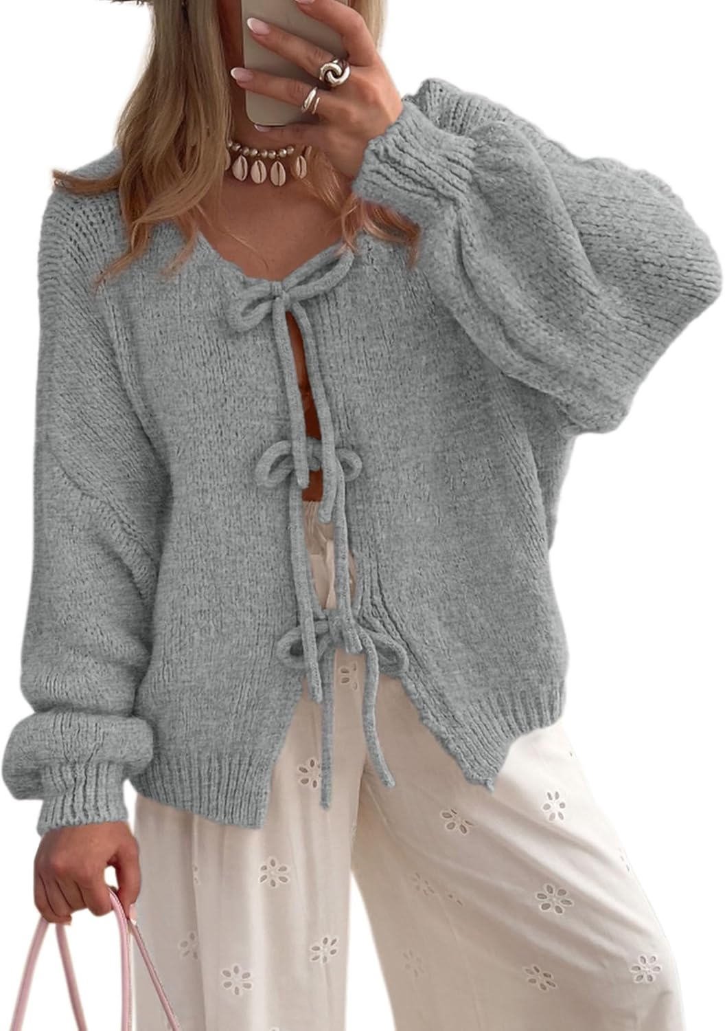 Trendy Women's Tie Front Bow Cardigan Sweaters for Fall