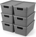 Plastic Storage Basket with Lids Set of 6 - Stackable Shelf Organizers