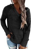 BLENCOT Women Color Block Hooded Crochet Striped Sweaters Pullover