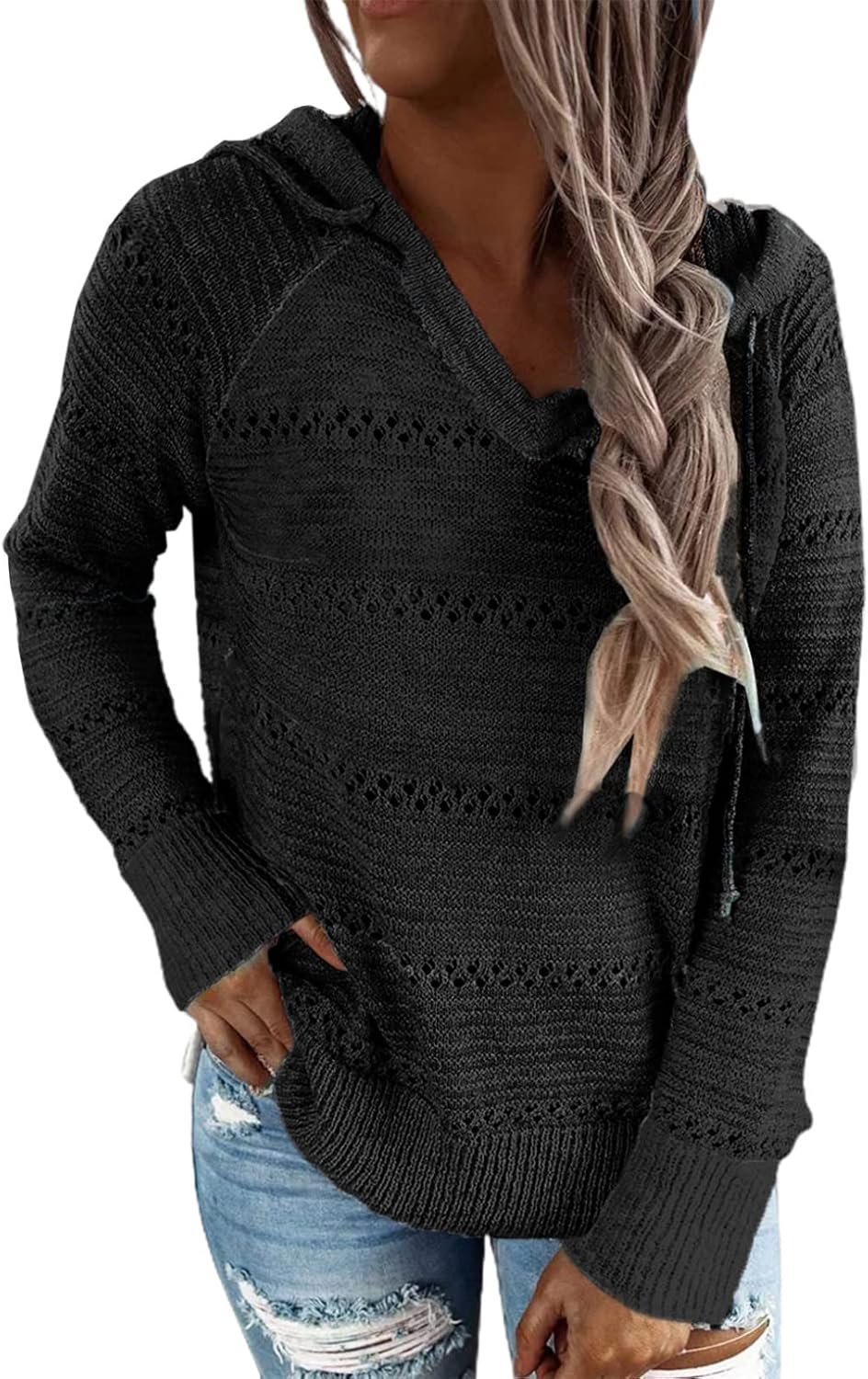 BLENCOT Women Color Block Hooded Crochet Striped Sweaters