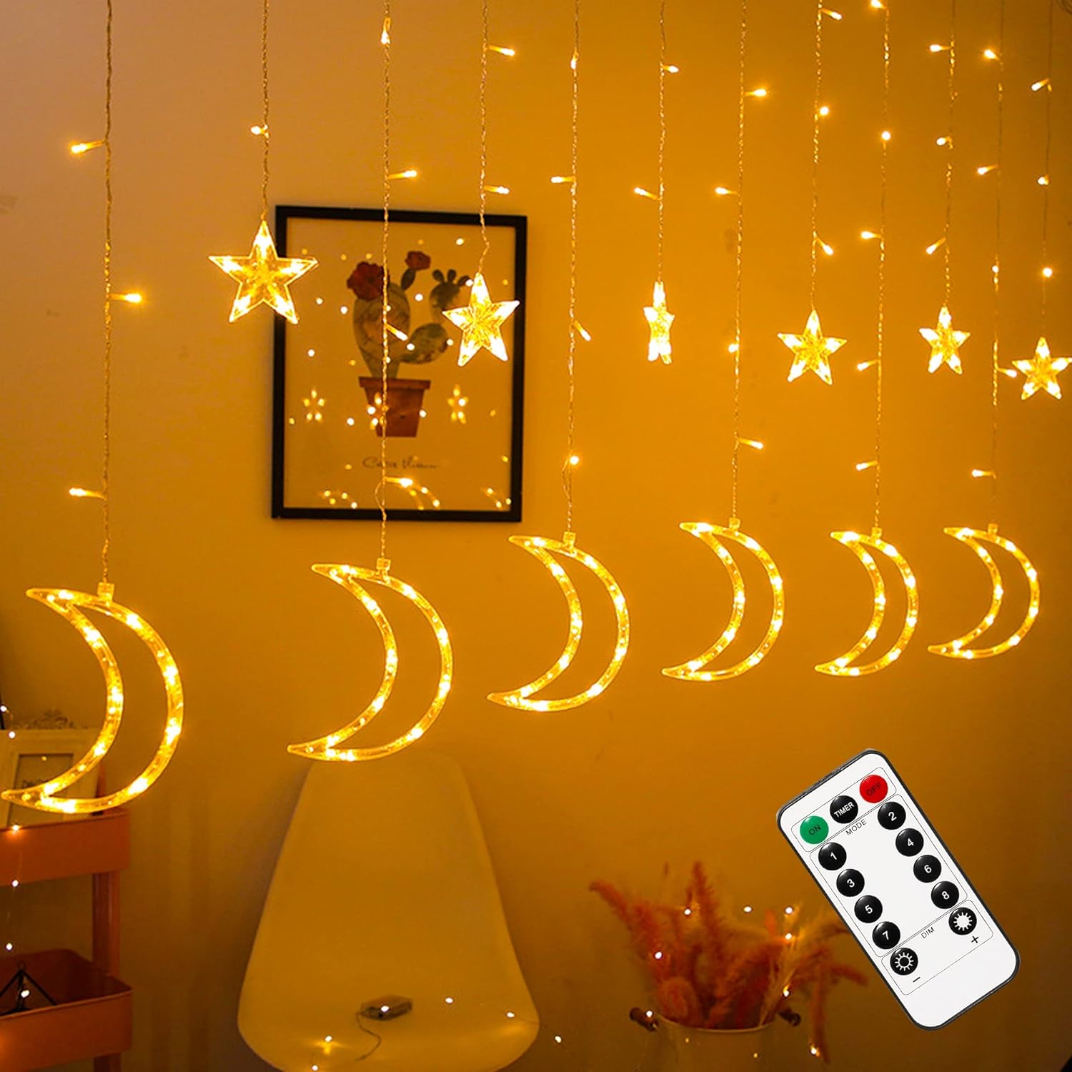 138 LED Ramadan Curtain Lights - Warm White Star Moon Fairy Lights