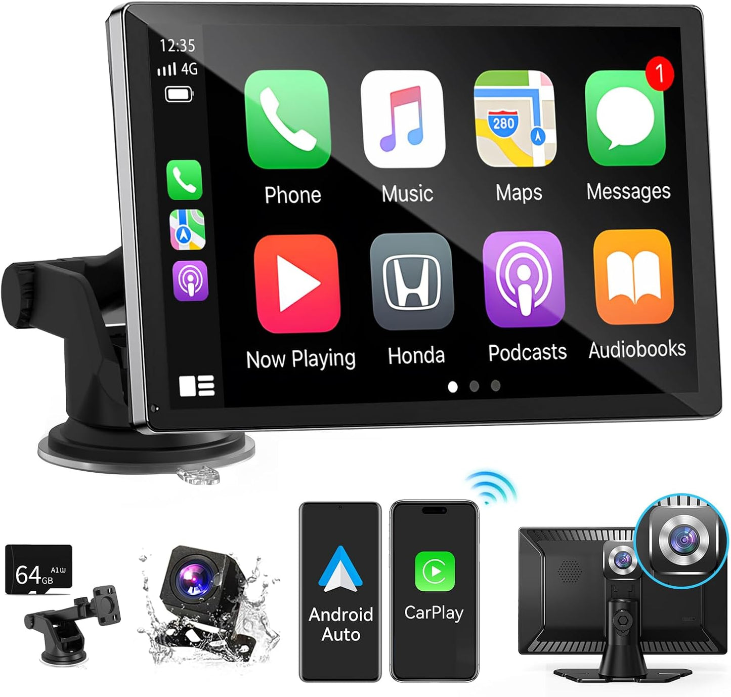 9 inch HD Portable Wireless Carplay Screen with Dash Cam
