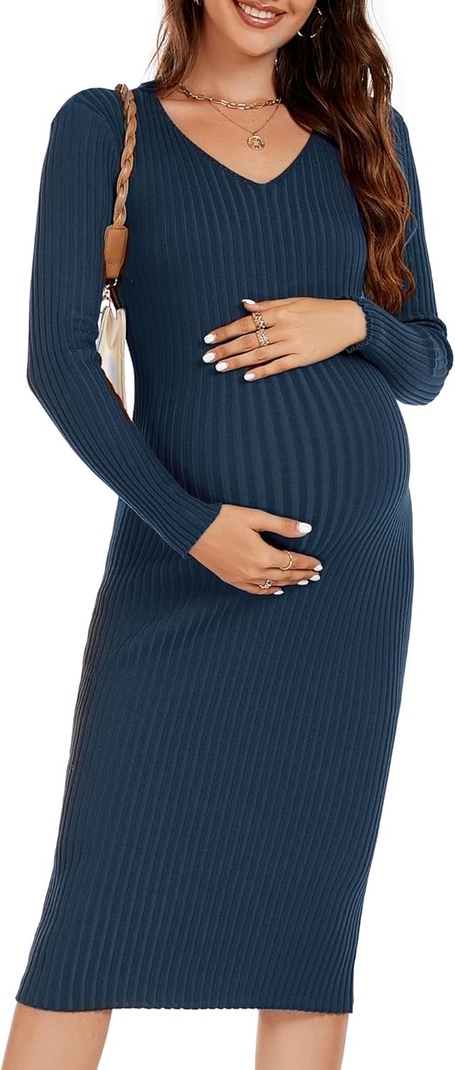Maternity Dress Long Sleeve V Neck Knit Stretchable Sweater