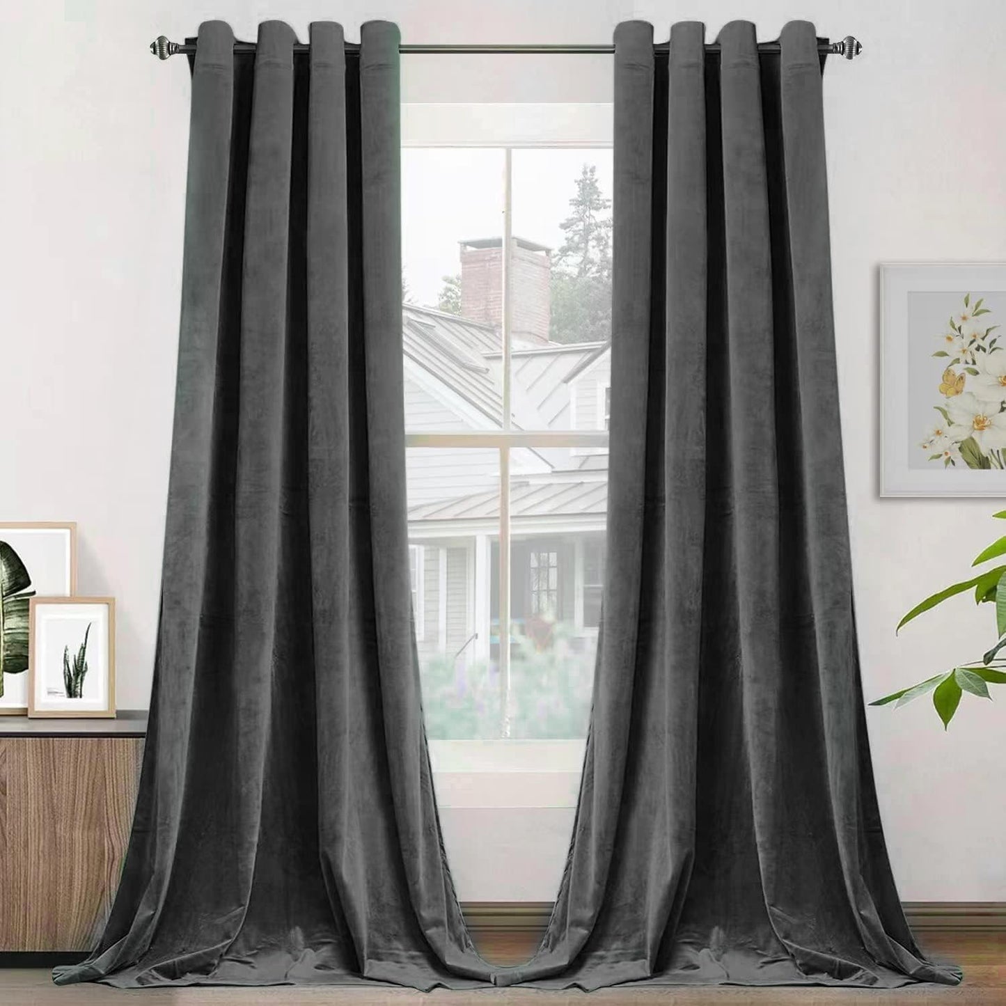 SMILETIME Dark Grey Velvet Curtains - 108 In Long, Thermal Insulated, Noise Reducing