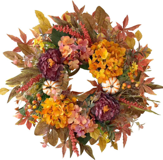24 Inch Fall Wreath with Hydrangea, Peony and Pumpkins