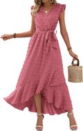 BTFBM V Neck Swiss Dot Boho Maxi Dress - Flattering Summer Wrap