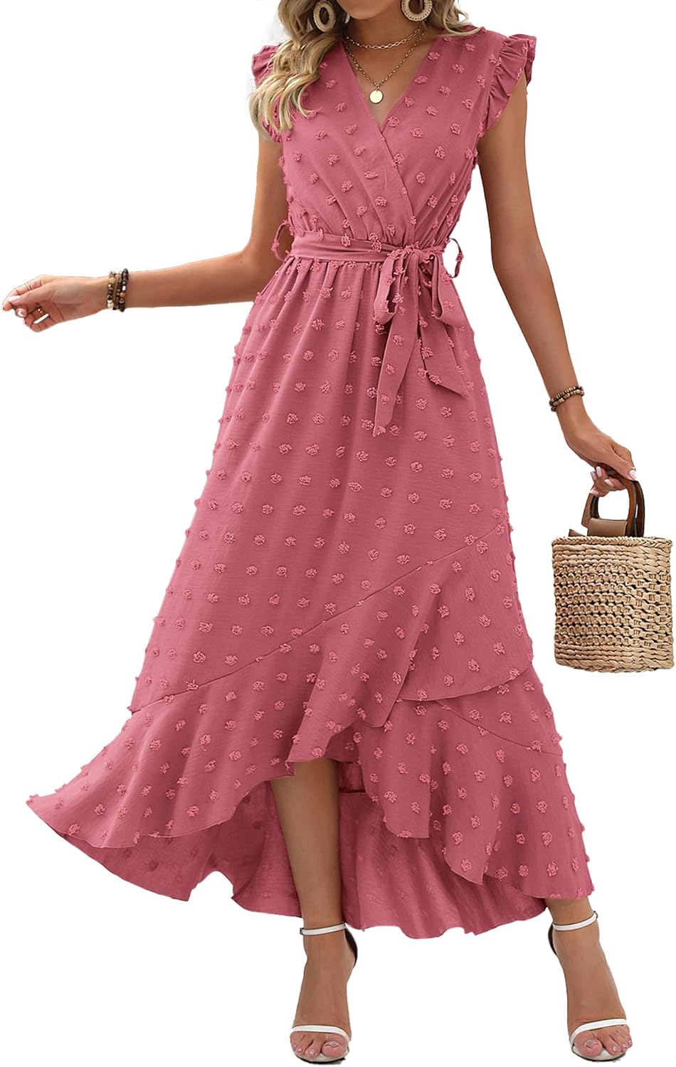 BTFBM Women V Neck Summer Dress with Ruffle Slit for Parties