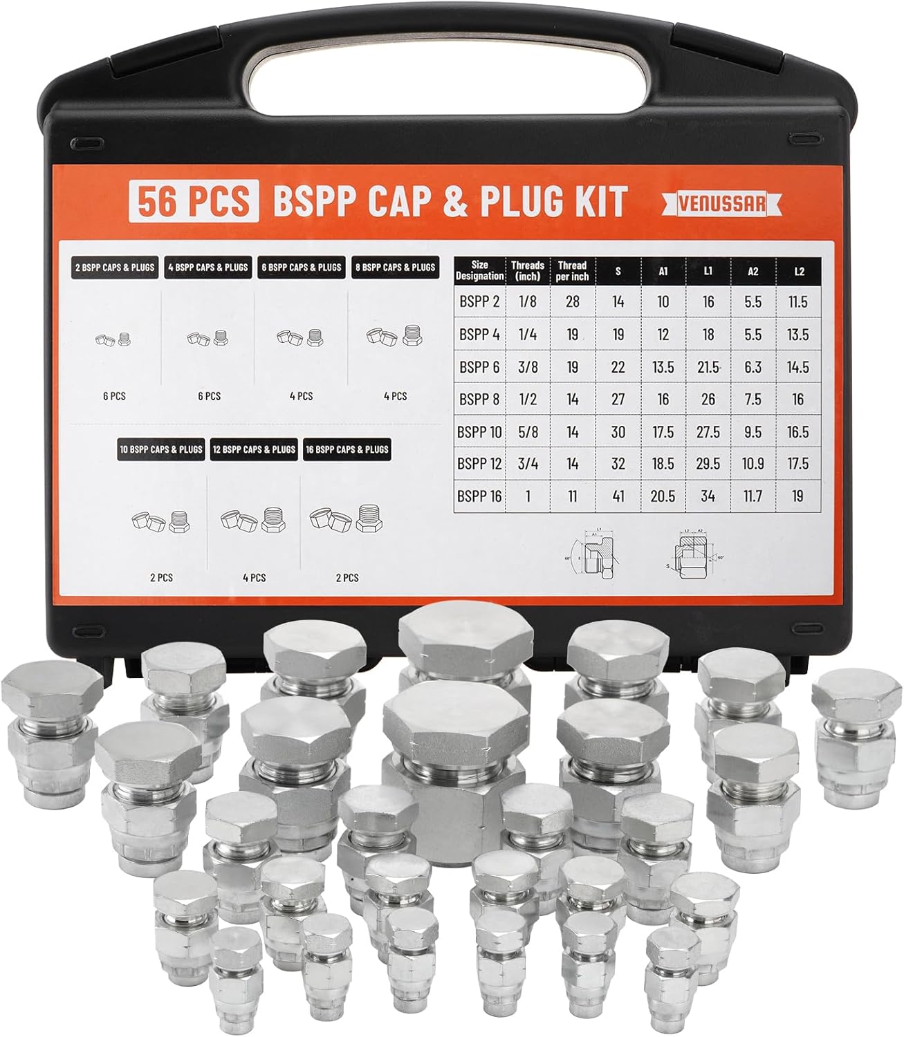 56 Pcs BSPP Cap and Plug Kit for Reliable Hydraulic Sealing