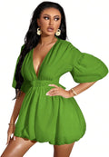 Elegant WDIRARA Women's Flare Dress with Deep V Neck and Puff Sleeves