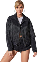 Crop Denim Jacket for Women with Fringe Tassel - Casual Jean Coat