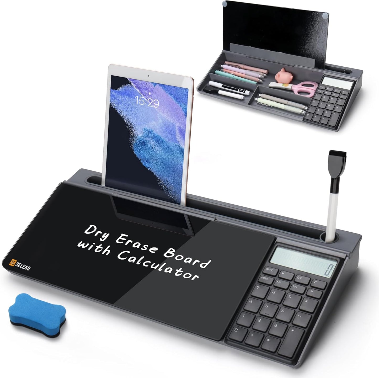 SELEAD Desktop Glass Whiteboard with Calculator and Organizer