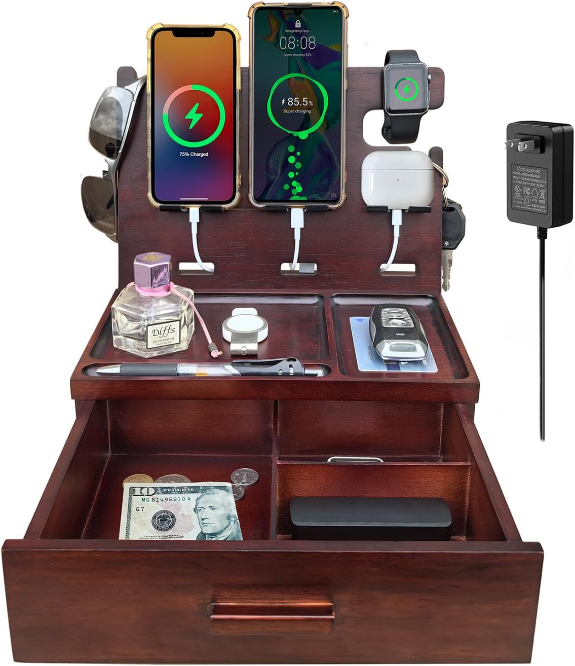 Wood Phone Docking Station with Drawer and Fast Charger