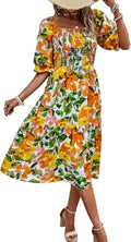 PRETTYGARDEN Women Summer Puff Sleeve Square Neck Midi Dress - Flowy