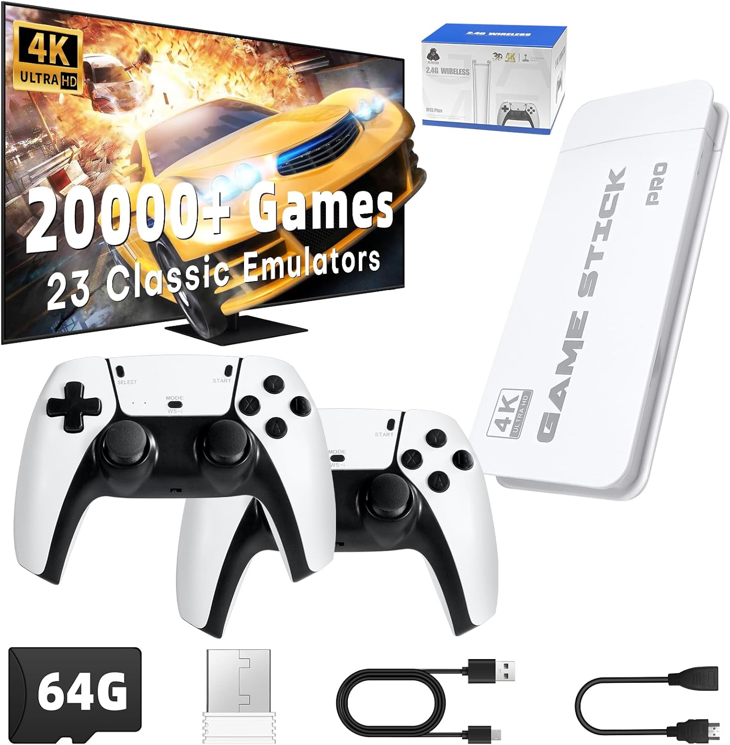 Retro Game Stick with 20000+ Games and Dual Wireless Controllers