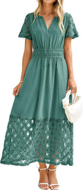 Women's Summer Boho Maxi Dress V Neck with Pockets - Lace Tiered Maxi