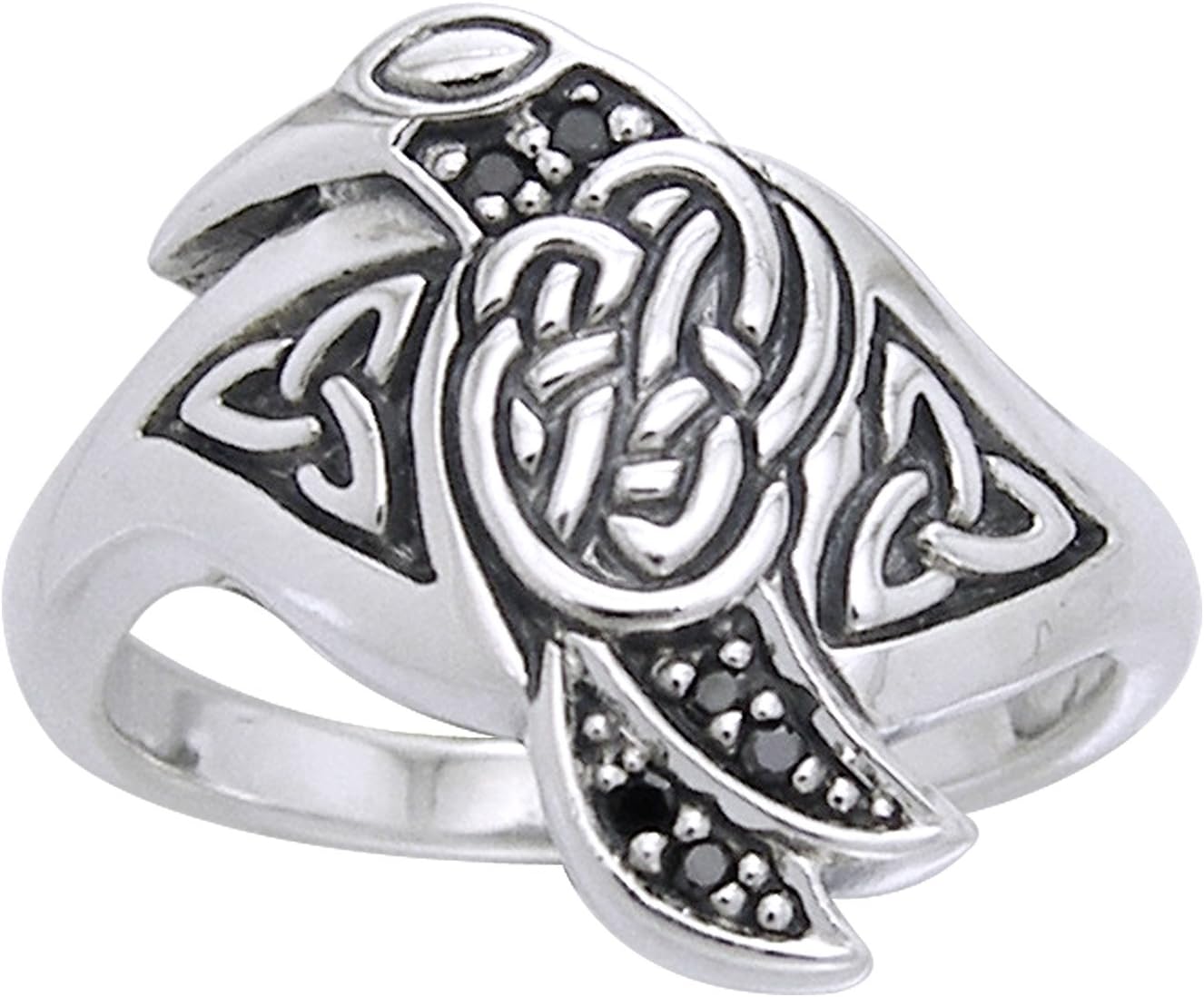 Celtic Raven Bird Sterling Silver Ring with Black Crystals