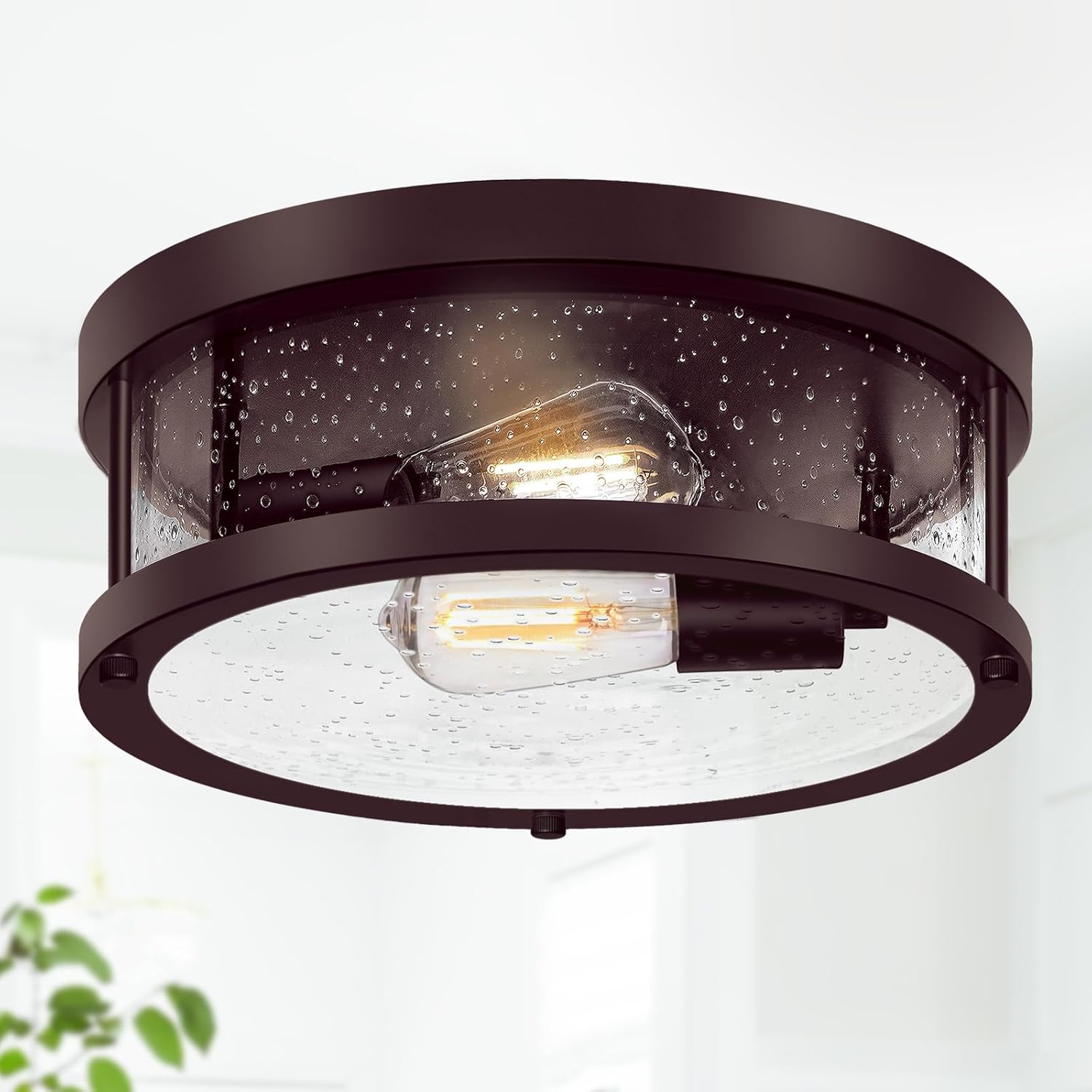 Flush Mount Ceiling Light Fixture with Seeded Glass Shade