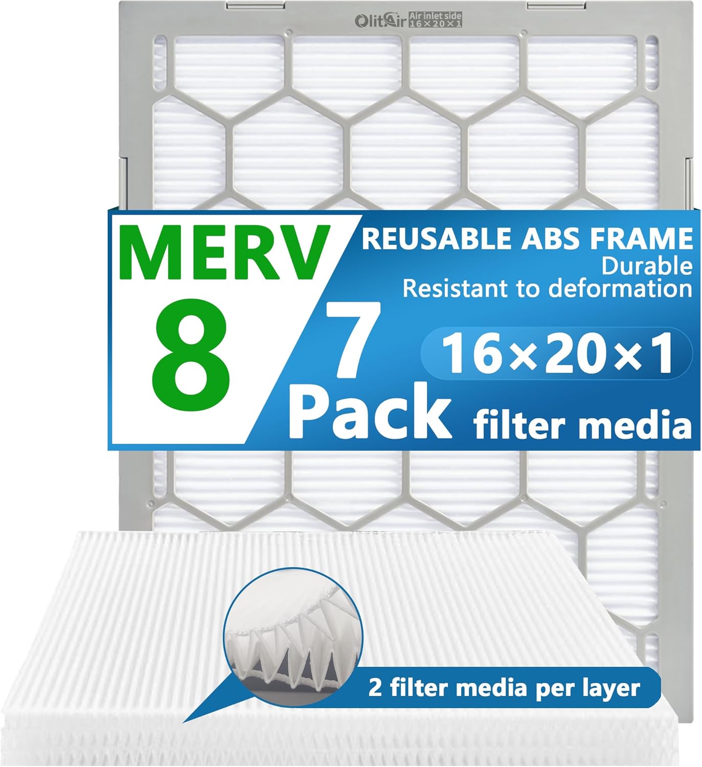 16x20x1 MERV 8 Air Filter with Reusable ABS Frame - 7 Pack
