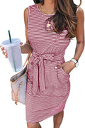 Sleeveless Striped Tie Waist Mini Dress - Casual Summer