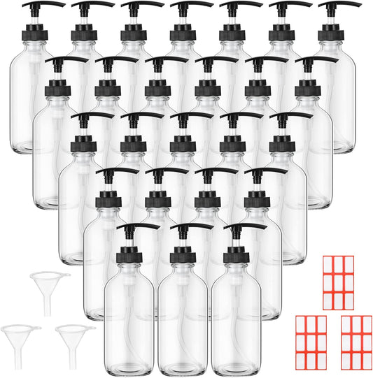 24 Pcs 8 oz Glass Pump Bottle Set for Soap and Lotion Dispenser