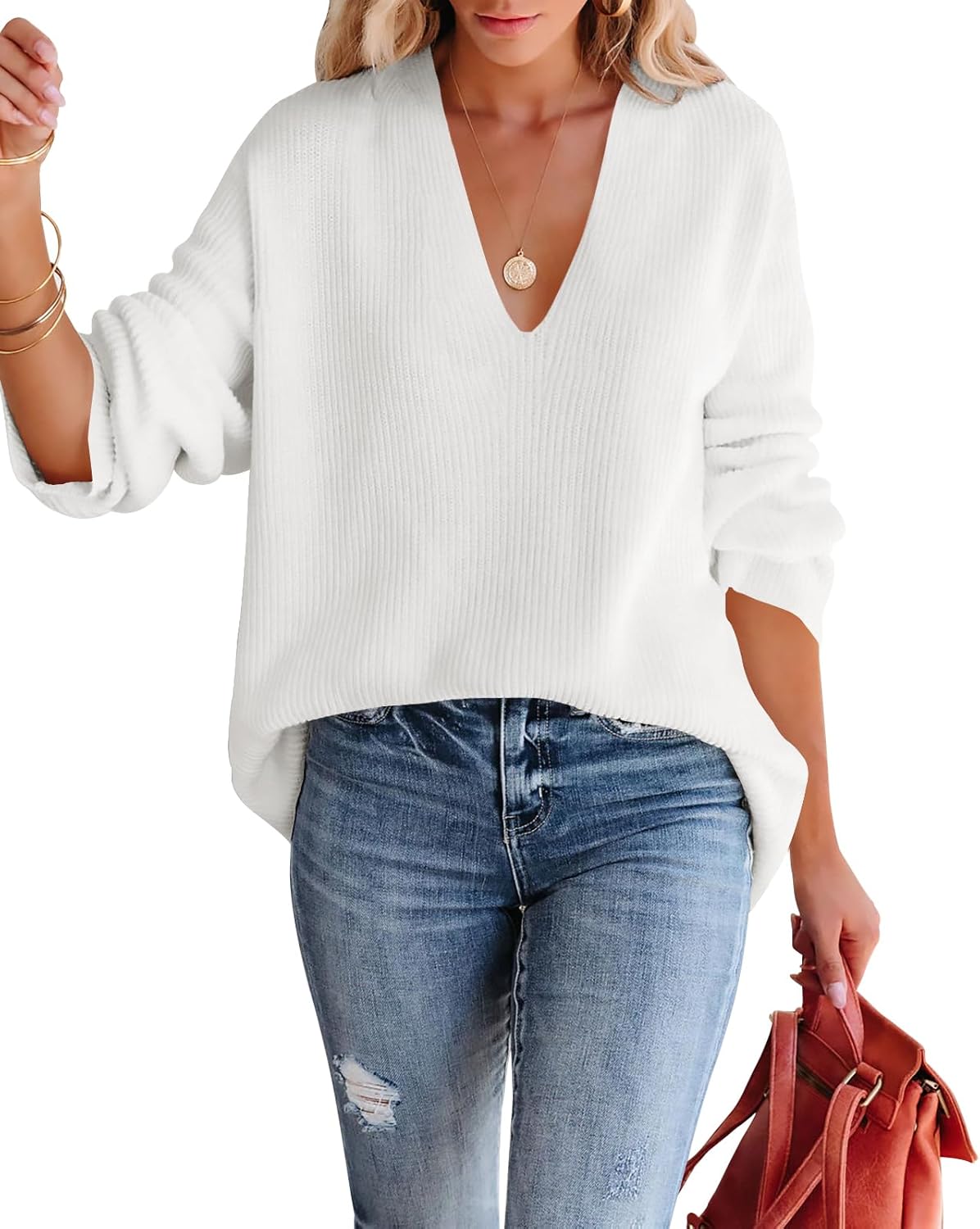 Oversized Deep V Neck Sweater for Women - Chic and Stylish