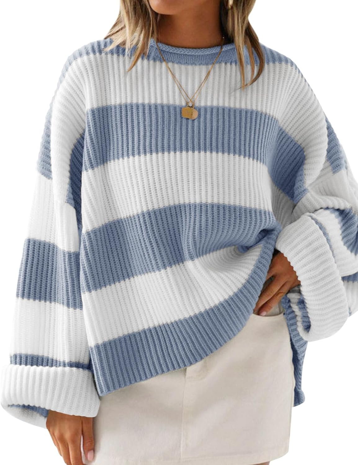 ZESICA Women's Oversized Striped Color Block Sweater for Fall