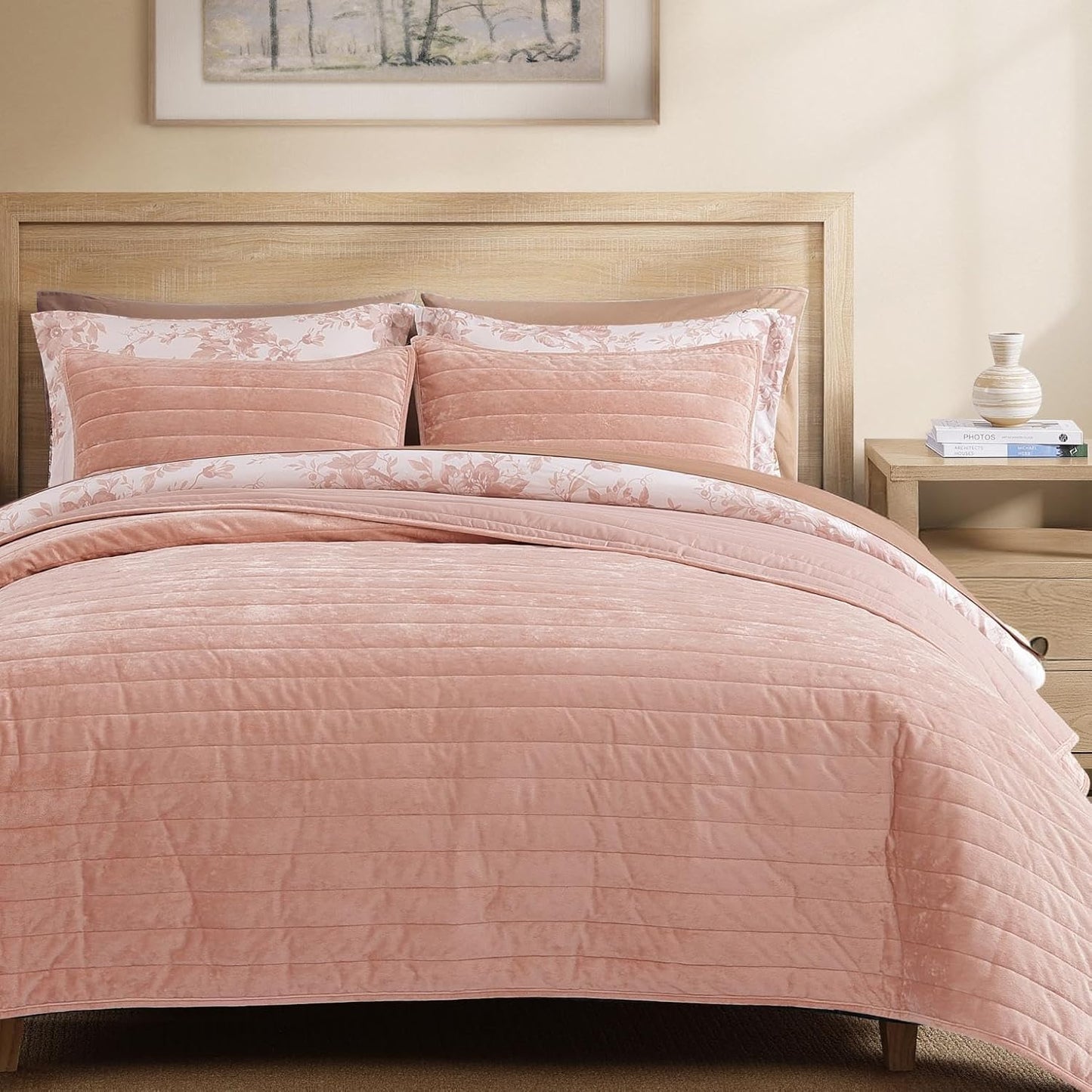 Luxurious Velvet King Size Quilt Set - Clay Pink Elegance