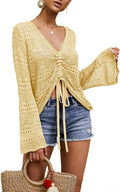 Boho Off Shoulder Sheer Crop Top - Flowy Bell Sleeve Cover-Up