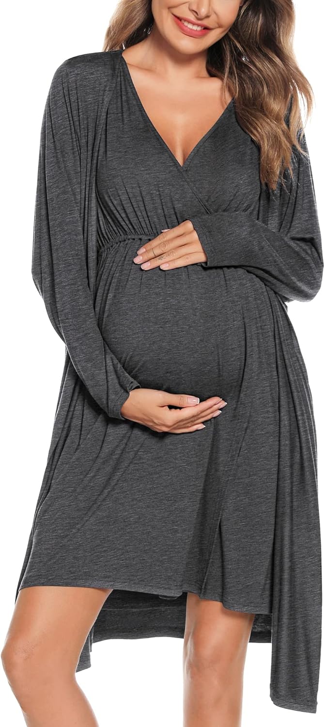 SWOMOG Women Maternity Nursing Gown and Robe Set for Comfort