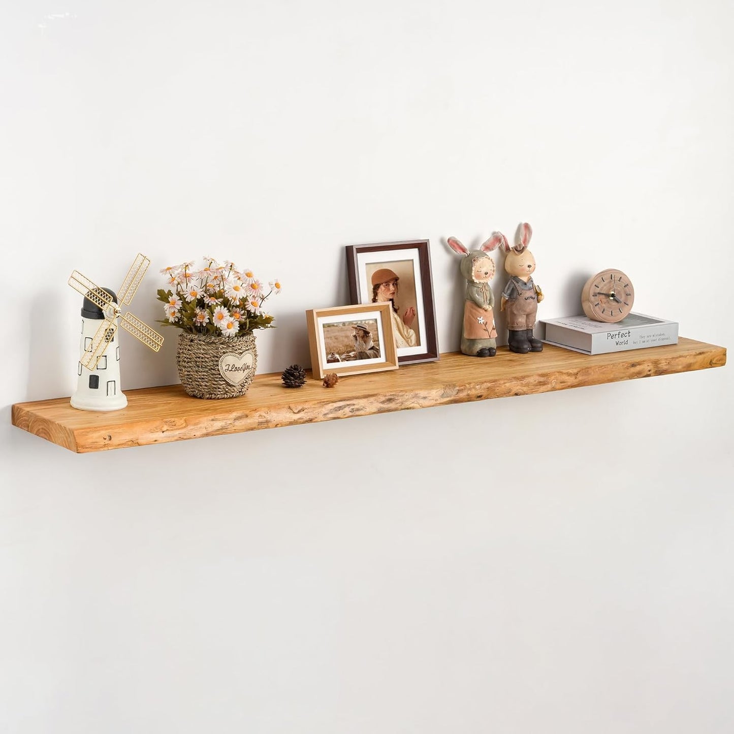 55in Rustic Elm Floating Shelf - Live Edge Solid Wood Design