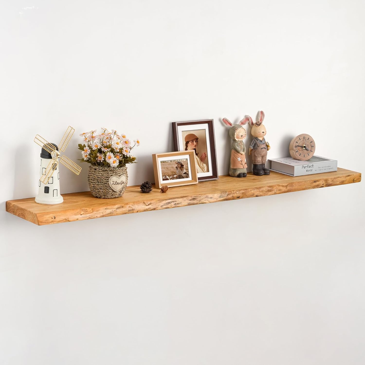 55in Rustic Elm Floating Shelf - Live Edge Solid Wood Design