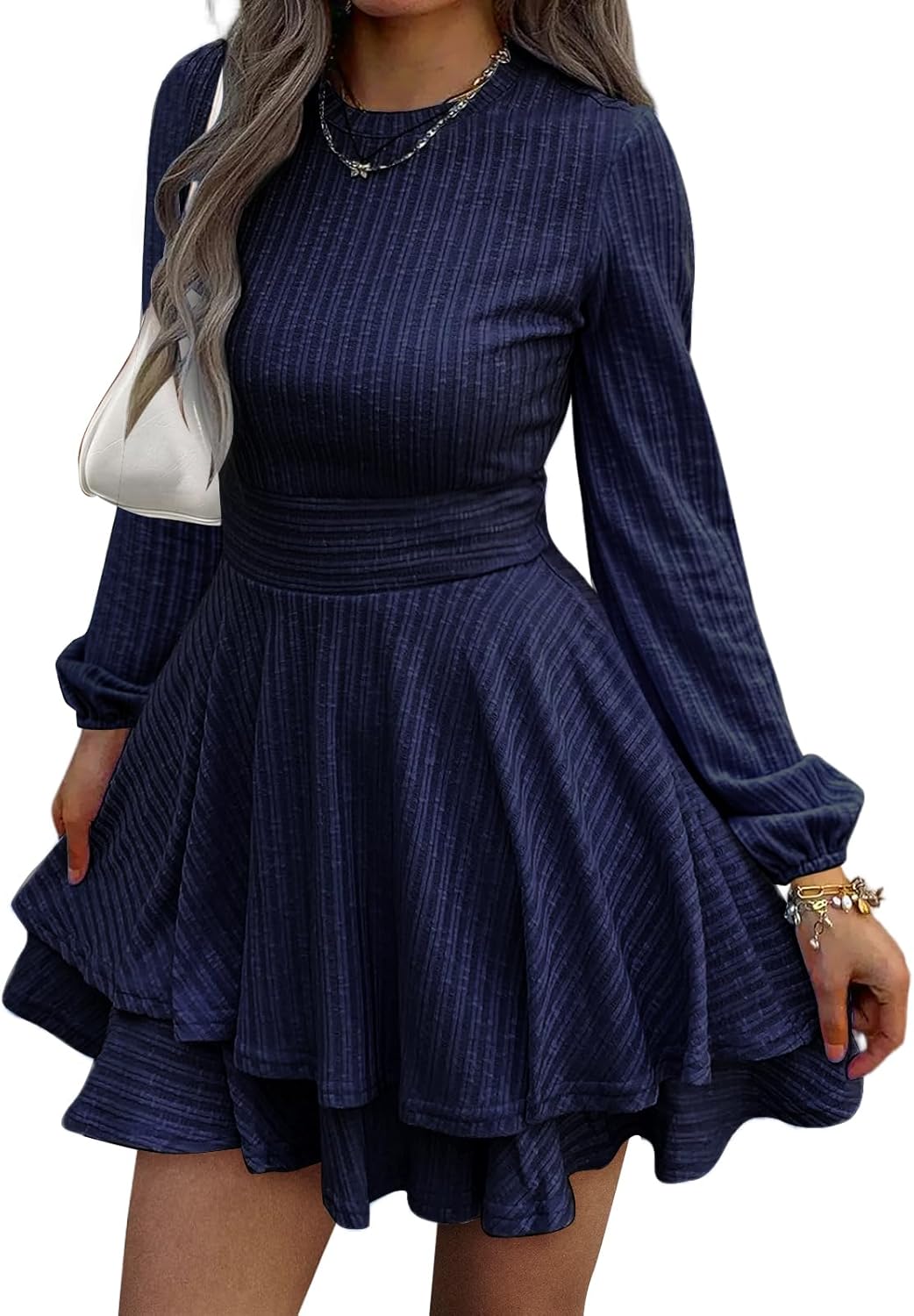 Womens Long Sleeve Knit Dress with Ruffle Flare A-Line Style