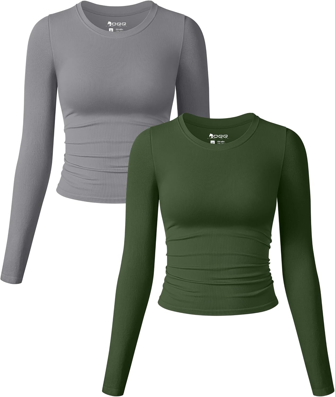 OQQ Womens Long Sleeve Crew Neck Ruched Stretch Fitted Tee