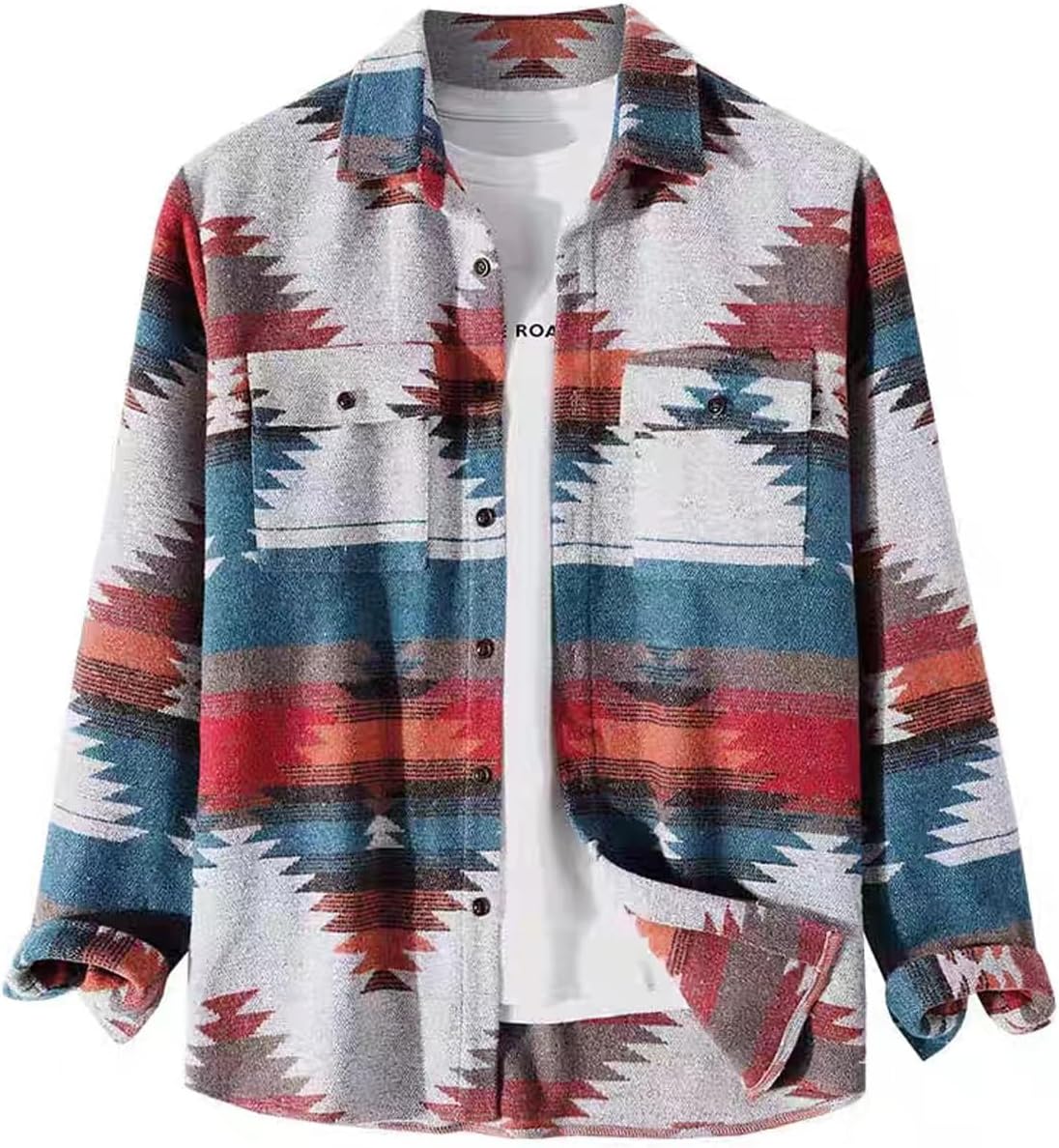 VIEWON Men's Casual Print Button Down Woolen Shacket Jacket
